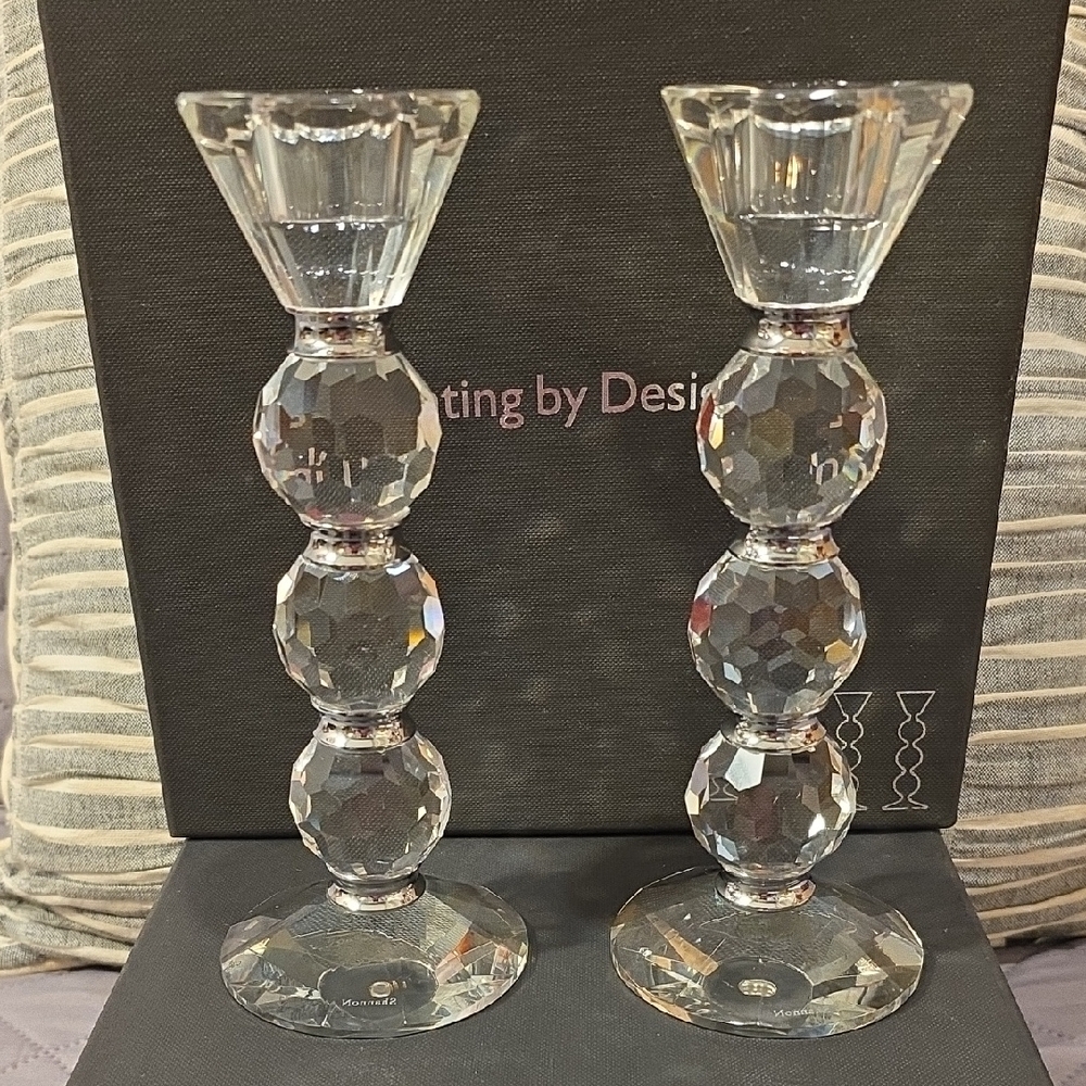 Shannon Afterglow Crystal Candlesticks Pair with Silver Accent Bands - Picture 2 of 13
